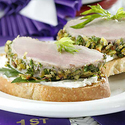 Pistachio-Crusted Pork Tenderloin Bruschetta